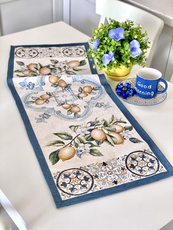 Gobelin Tischläufer,Zitrone Design Frühling Tischläufer, Dekorative Tischdecke, Outdoor Tischwäsche, Geschenkidee, Heimtextil