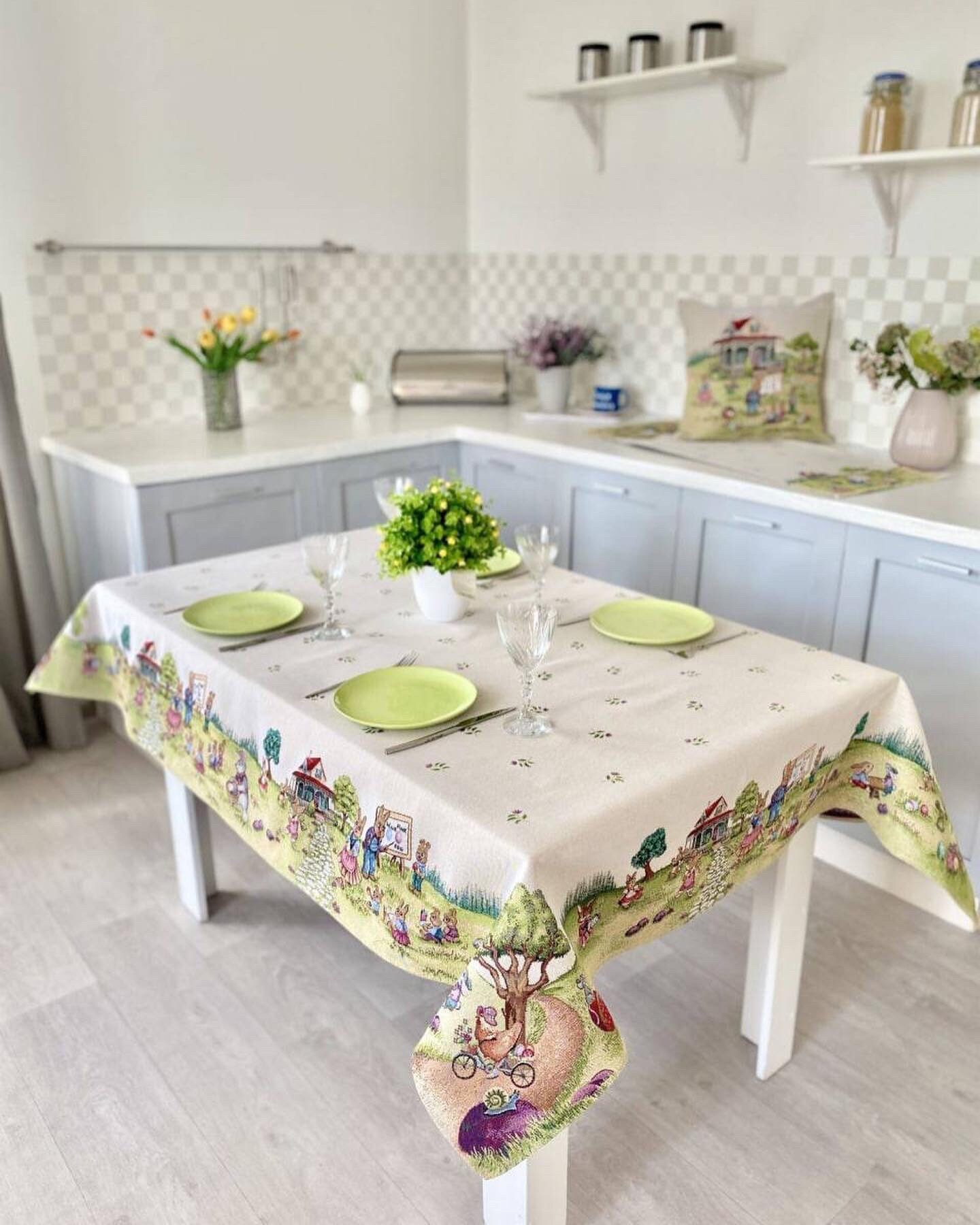 Simhomsen Embroidered Easter Bunny Tablecloth - Round 69 Inch, Floral & Woodland Scene Design For Spring Dining - View #6