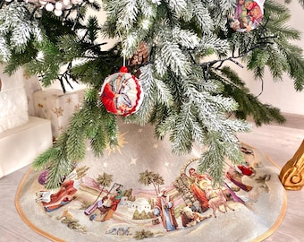 Falda para árbol de Navidad con escena de la natividad, tapiz decorativo de Año Nuevo, decoración navideña, decoración navideña, regalo de Año Nuevo, falda para árbol de Belén
