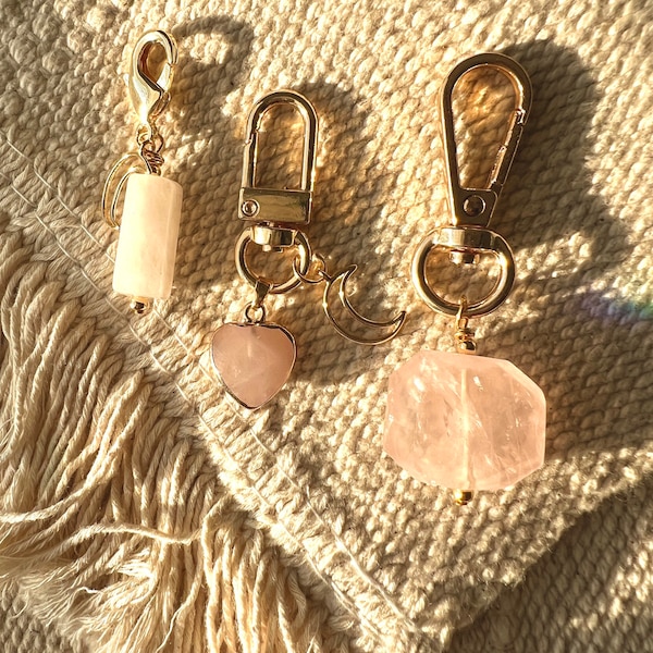 Rose Quartz Natural Gemstone Mini Gold Keychain | Crystal Keychain | Healing Gemstone | Minimal | Gift | Pet Charm | Heart Chakra | Love