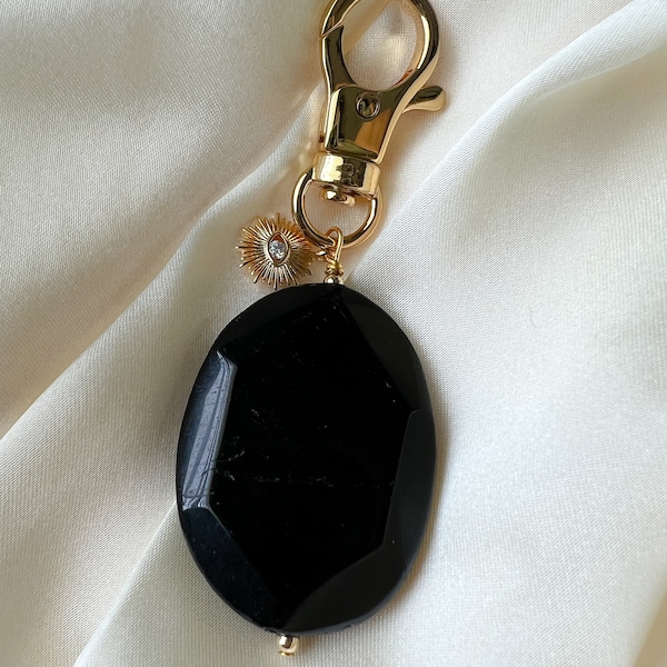 Black Obsidian Natural Gemstone Gold Keychain | Crystal Keychain | Healing Crystal | Evil Eye Sun Charm | Protection