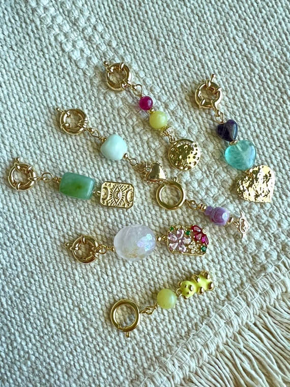 SolyLunaMerc Mini Crystal Charms | Natural Gemstone | Gold Crystal Keychain | Porcelain | Heart Charm | Rose Quartz | Jade | Gift