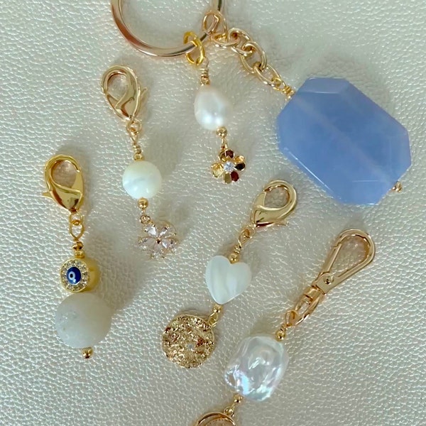 Pearls | Blue Lace Agate | Natural Gemstones | Crystal Keychain | Flower  | Moon | Mini Heart | Evil Eye Charm |  Bridal