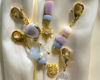 Celestial Mini Gold Keychain | Natural Gemstones | Kunzite | Morganite | Angelite  | Electroplated Shell | Crystal Keychain | Sun Moon Charm