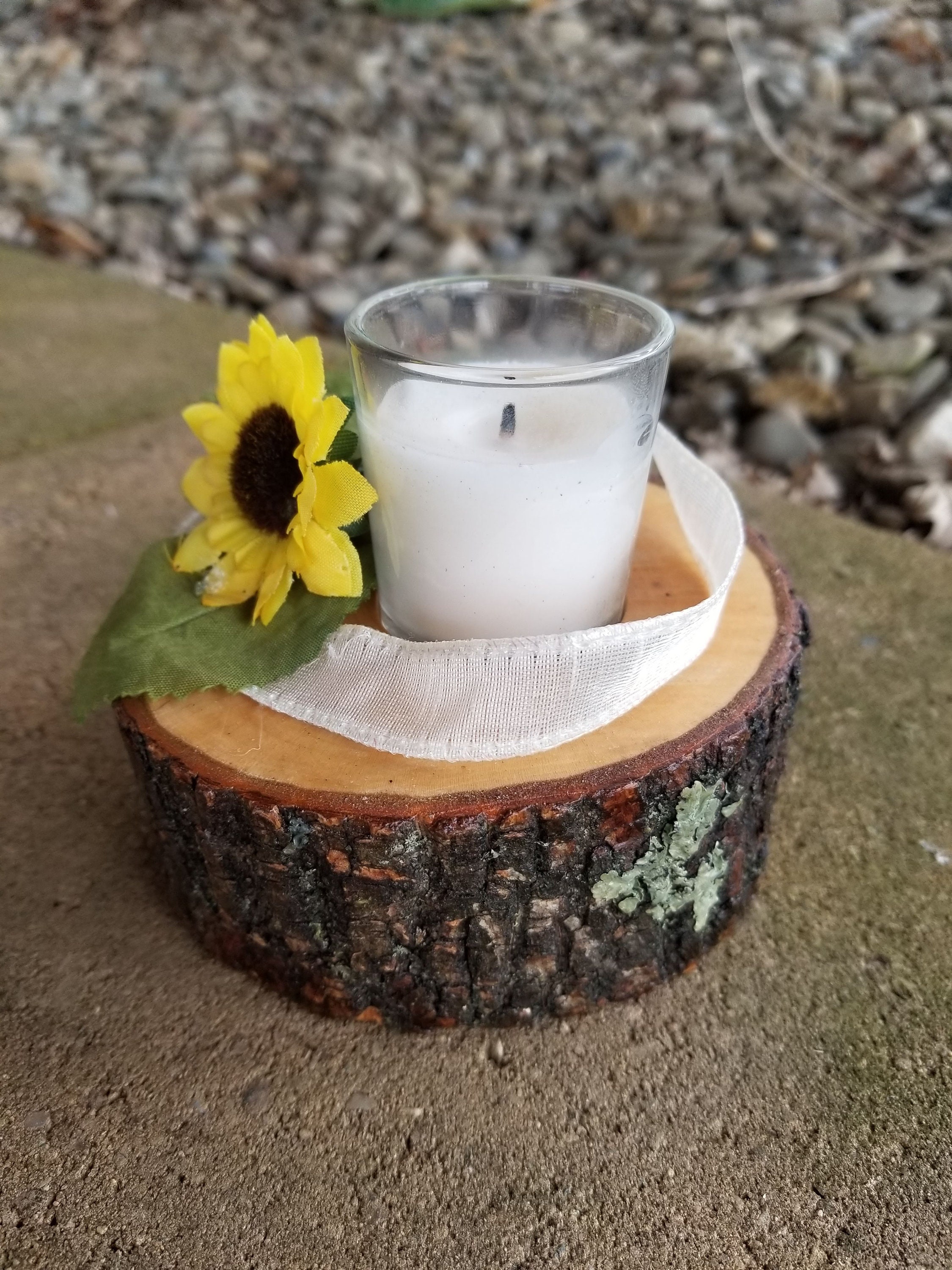 Sunflower Wood Slice Votive Candle Holder Ribbon Country Farmhouse ...