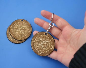 Aztec Calendar with Ponies - Small Wood Disc Keychain