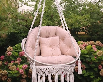Handmade Macrame Swing Chair, Boho Hanging Hammock, Indoor Outdoor