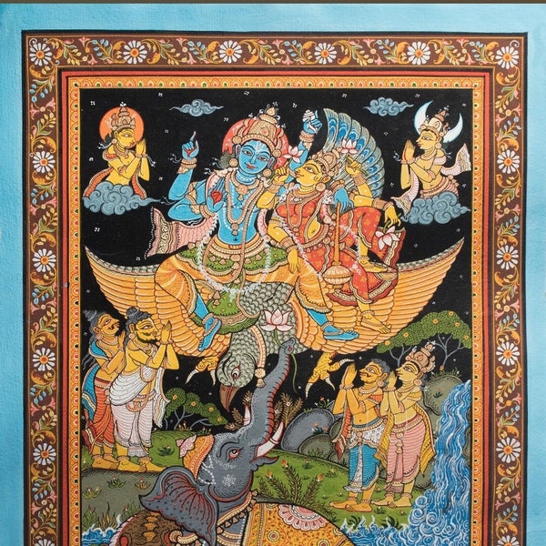 Handpainted Pattachitra handmade Lord Krishna painting ,Handmade Wall Art Tapestry,Gajendra Moksha Indian Traditional painting, Odisha art