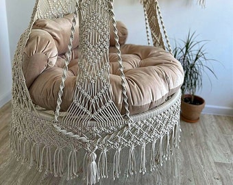 Balançoire en macramé, chaise suspendue en macramé, balançoire de patio en macramé, balançoire hamac, chaise d'intérieur, balançoire en macramé, balançoire hamac, cadeau de Noël