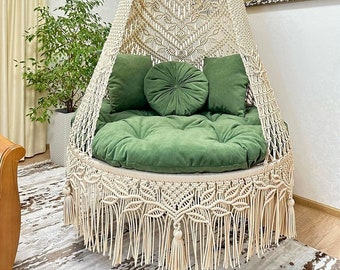 Balançoire en macramé, chaise suspendue en macramé, balançoire de patio en macramé, balançoire hamac, chaise d'intérieur, balançoire en macramé, balançoire hamac, cadeau de Noël