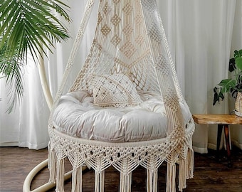 Handmade Macrame Swing Chair, Boho Hanging Chair,Hammock, White Macrame Swing Chair with Cushion, Double seated Swing, Patio Rocking chair