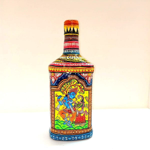 Art de bouteille peint à la main, art de bouteille peint à la main, art de bouteille de Pattachitra cadeau unique, cadeau pour elle, décoration de table, vase de bouteille peint à la main