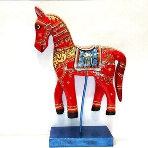 Handmade Red Pattachitra Wooden Horse Figurine | Indian Art Decor