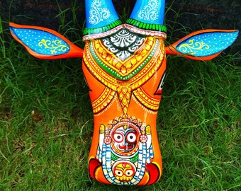 Wooden Handpainted Cow Head, Lord Jagannnath art, Pattachitra painting,Indian Nandi,15 Inch, Home Decor, Temple, Spiritual art, Wall Hanging