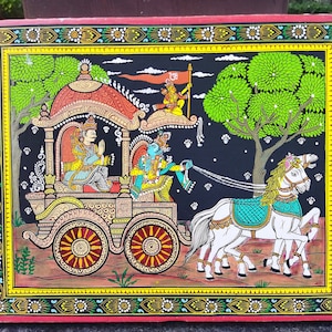 Krishna Arjun Rath Chariot | Mahabharata Wall art | Hindu God |Wooden Handpainted Indian God art| Krishna Gift| Bhagavad gita Decore