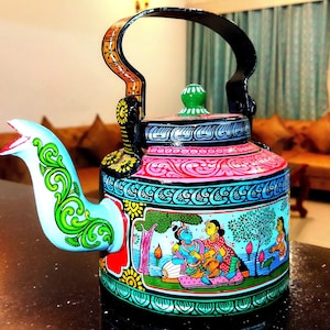 Teapots | Handpainted  Kettle |Indian Krishna Pattachitra Artwork | Christmas Teapot | Gift For  Her| Christmas Gift/Pattachitra Kettle