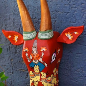 Wooden Handpainted Cow Head, Bull Head, Hand Painted Indian Nandi Indian WallArt, Hindu Nandi bull Indian Home Decor, Wooden Cow WallHanging