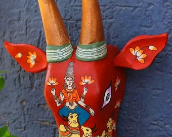 Wooden Handpainted Cow Head, Bull Head, Hand Painted Indian Nandi Indian WallArt, Hindu Nandi bull Indian Home Decor, Wooden Cow WallHanging