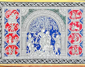 Handpainted Radha Krishna Pattachitra, Indian Folklore Art Tapestry
