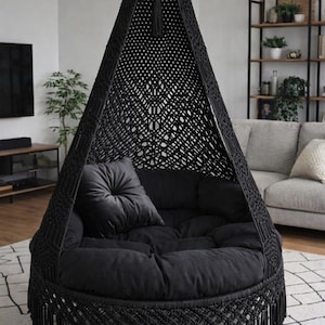 BLACK Cotton Macrame Swing,Handmade Macrame CREME colour Swing, 35inch Round Swing bed, Indoor swing, Outdoor Hammock chair, Hanging Chair