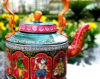TEAPOT,Dashavatar Teapot, Handmade Teapot,Hand painted Tea Kettle,Large 2 ltrTeapot,Vintage Teapot,Teapot art, Krishna Teapot, Gift for Her