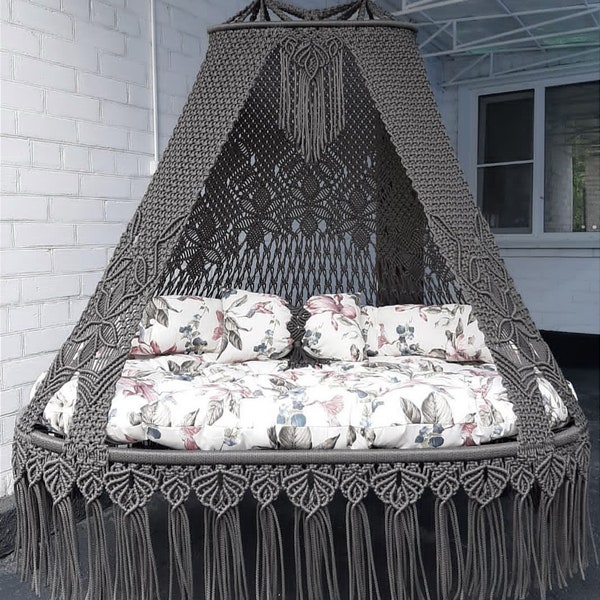 Macrame Double seated Swing, Macrame Hanging Chair, Macrame Porch Swing Bed, Hammock Swing, 50 inch Diameter Swing Macrame Outdoor Swing Bed