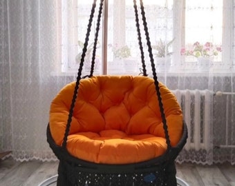 Handmade Macrame Swing Chair with Cushion, Indoor Outdoor Patio Decor