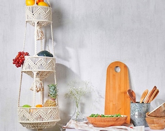 Macrame Hanging Fruit Basket, 3 Tier Boho Kitchen Storage
