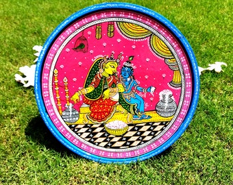 Plato de pared Krishna pintado a mano, arte Pattachitra, decoración étnica para el hogar