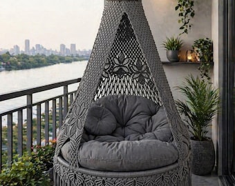 Grey Colored Cotton Macrame Swing, Hanging Chair, Swing Chair, Macrame Rocking Swing Hammock, Indoor Swing, Hammock with Pillows