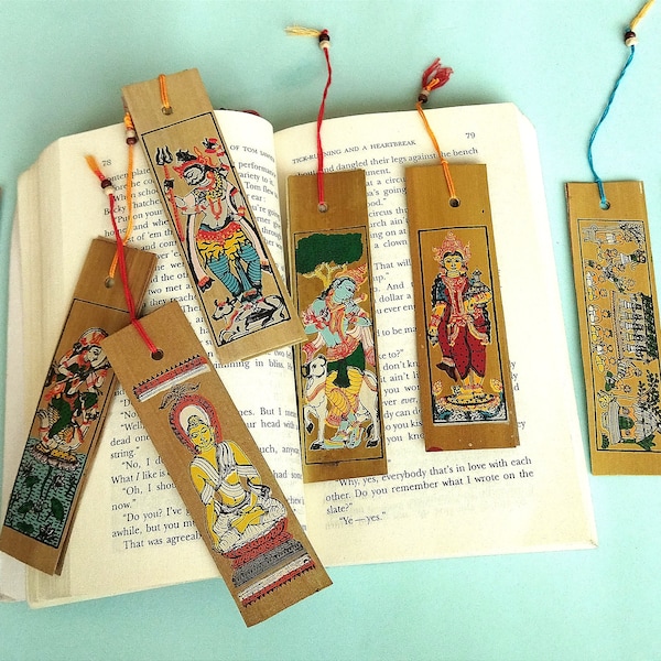 Decorated Indian Pattachitra Hand made Book mark/Set of 10 Hand made Palm leaf/ Eco Printed Book mark/ Symbol peace prosperity/TeacherGift