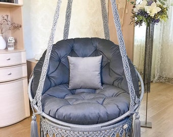Handmade Macrame Swing Chair, Hanging Cotton Hammock, Boho Decor
