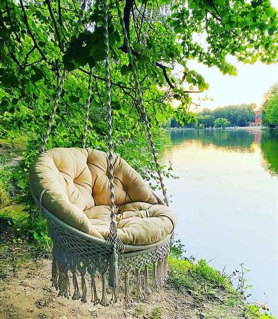 Double Boho Tassel Nest Hammock Swing Chair – 2 Person, Indoor/Outdoor, Beige Brazilian Style