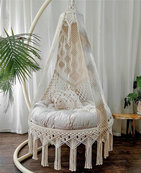 Handmade Macrame Swing Chair, Boho Hanging Chair,Hammock, White Macrame Swing Chair with Cushion, Double seated Swing, Patio Rocking chair