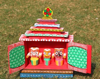 Jagannath Baladev, Subhadra , Krishna Spiritual Wooden Temple ALTAR/Handcrafted Mandir Neem Wooden IDOL Handpainted Temple Puri SUTALICRAFTS