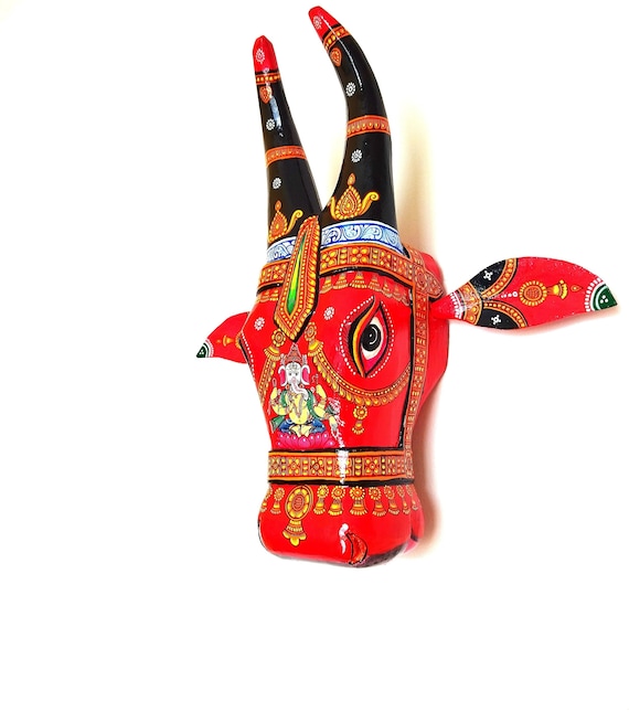 Cow Head Wooden Handpainted Bull Head Hand Painted Indian Etsy