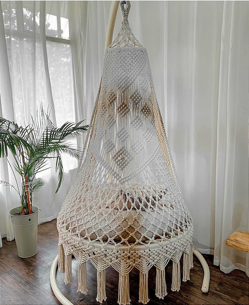 Handgjord makramégungstol, boho hängstol, hängmatta, vit makramégungstol med kudde, dubbelsitsgunga, gungstol för uteplats bild 2