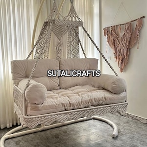 Columpio de macramé doble hecho a mano, decoración bohemia para porche