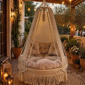 Op de afbeelding: Een beige macramé hangstoel met een rond kussen en franjes. De stoel hangt aan een houten balk, omringd door potplanten, lichtslingers en lantaarns, waardoor een gezellige zithoek buiten ontstaat.
