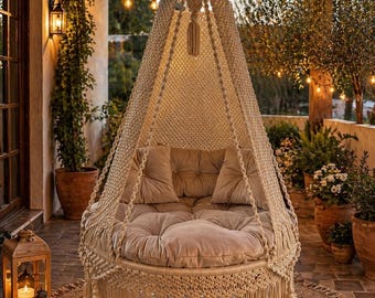 Beige Hanging Swing Bed,Double Bed Swing,Macrame Swing Chair,Indoor Hammock Swing, Outdoor Swing, Aesthetic Reading Chair, Egg Chair