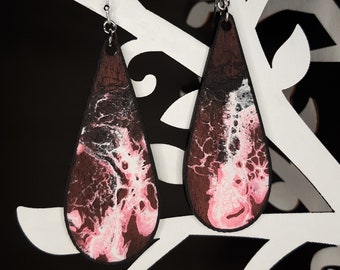 Pink and black unique lightweight wood dangly earrings big abstract psychedelic fun funky