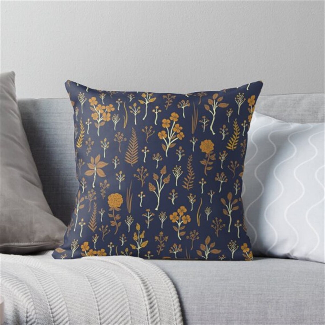 Navy Blue Mustard Yellow Floral Pattern Throw Pillow Case Etsy