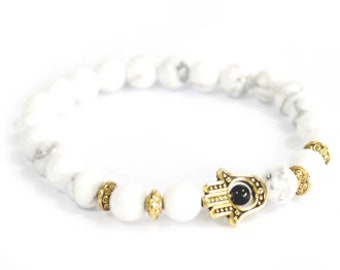 Gold Hamsa Bracelet | White Howlite Bracelet | Boho Jewellery