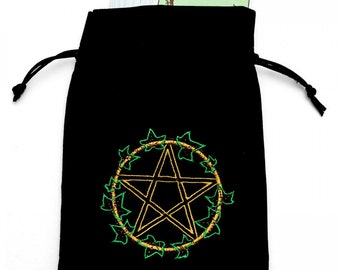 Pentacle with Ivy Tarot Bag |  Pentagram Oracle Card Bag | Drawstring | Velvet Like Pouch