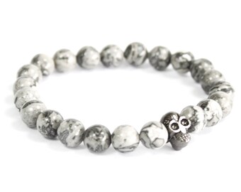 Pewter Skull / Grey Agate - Gemstone Bracelet, Men bracelet, Women Bracelets