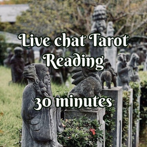 Puede incluir: Un servicio de lectura de tarot ofrecido por chat en vivo durante 30 minutos. La imagen presenta una estatua de piedra de un rey, con el texto "King of Cups" debajo. La imagen está sobre un fondo de jardín con estatuas de piedra.