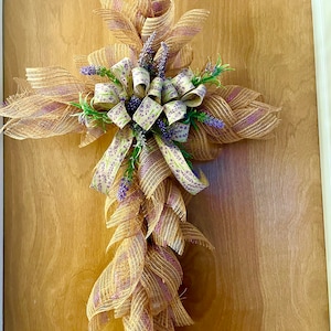 Burlap and lavender mesh cross wreath door hanger Easter spring summer
