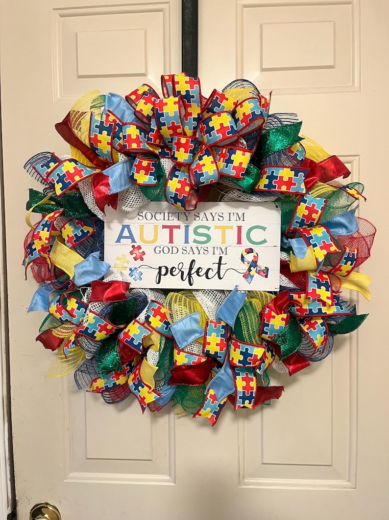 Autism Awareness Wreath: Puzzle Piece Ribbon, Wood Sign - Etsy