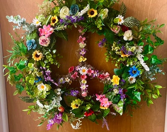 Peace sign, peace, wildflower, greenery,floral,grapevine, spring, summer, wreath