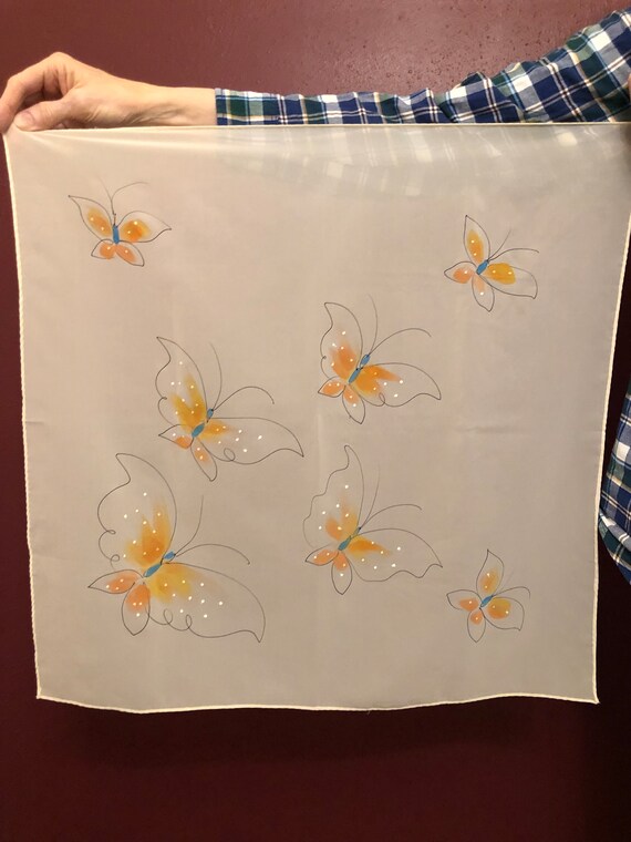 Vintage Hand Painted Silk Scarf with Butterflies - image 1